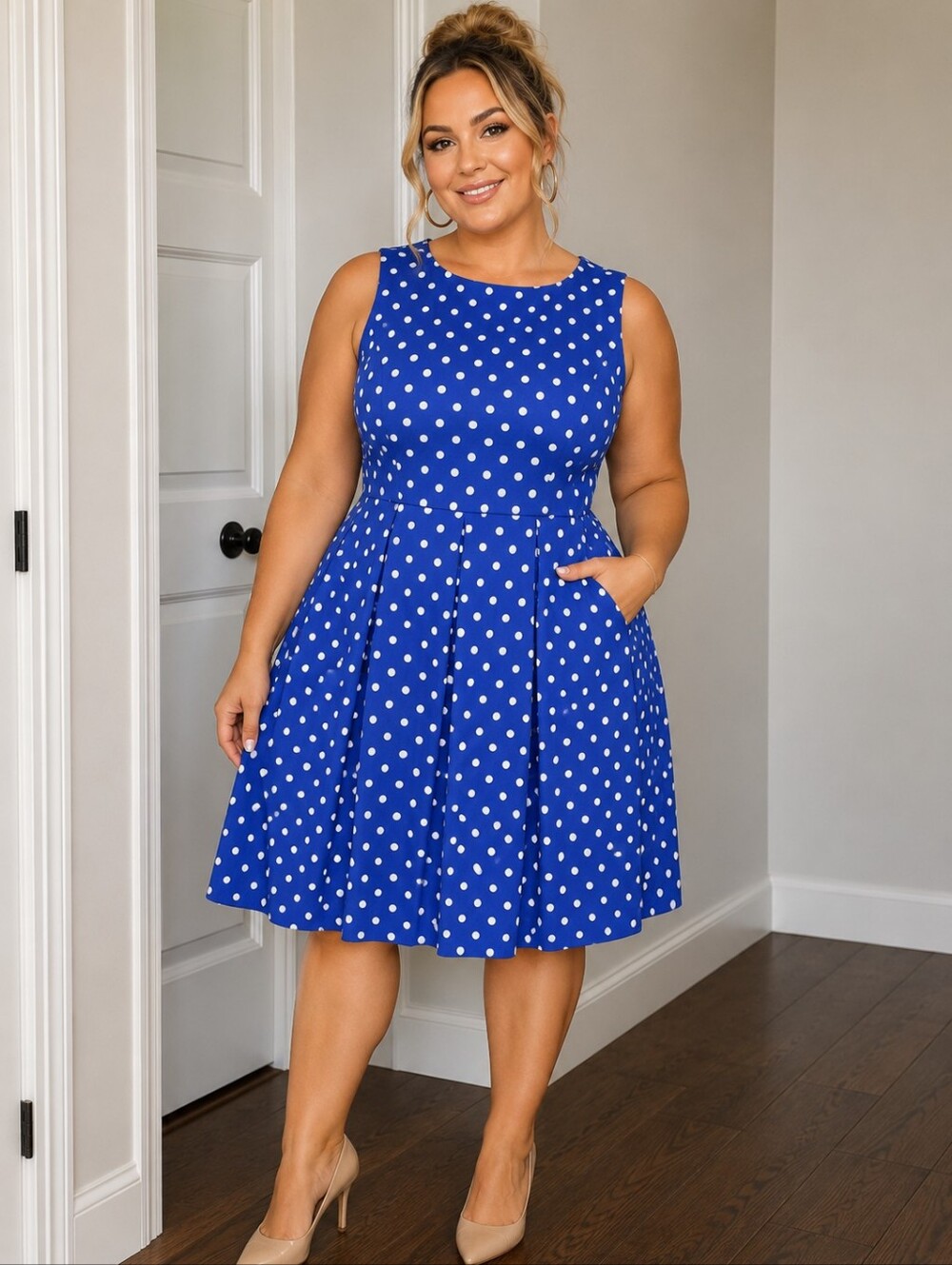 Liz Claiborne Royal Blue and White Polka Dot Sleeveless Midi Dress